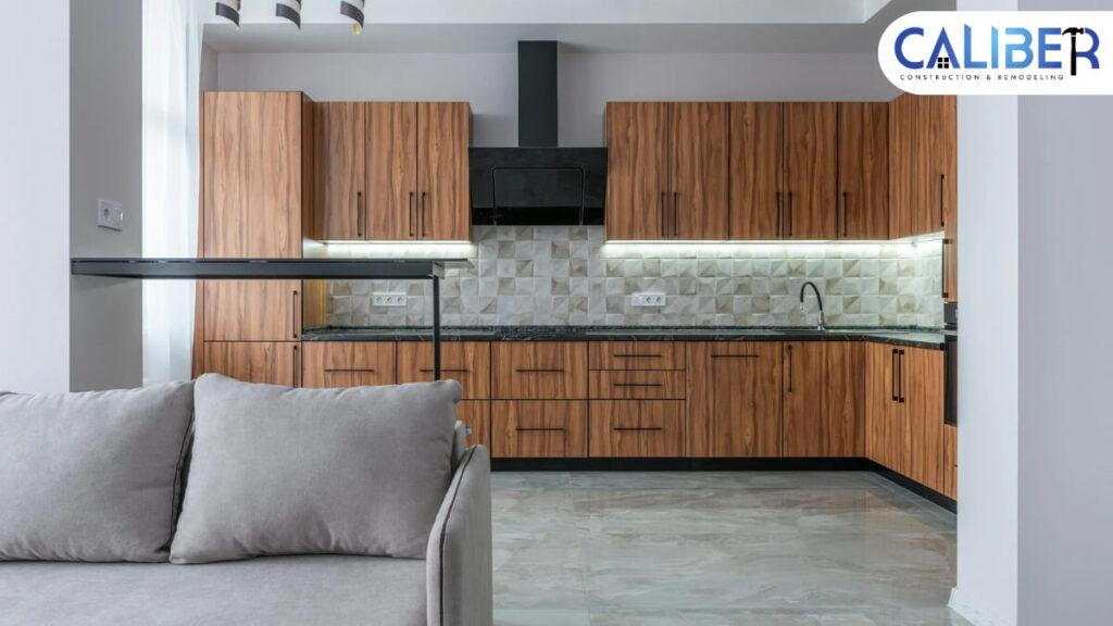 Interior of kitchen with couch and bar counter