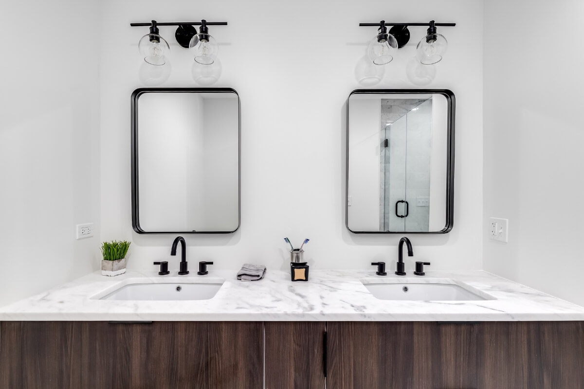 Bathroom with Wooden Cabinet Marble