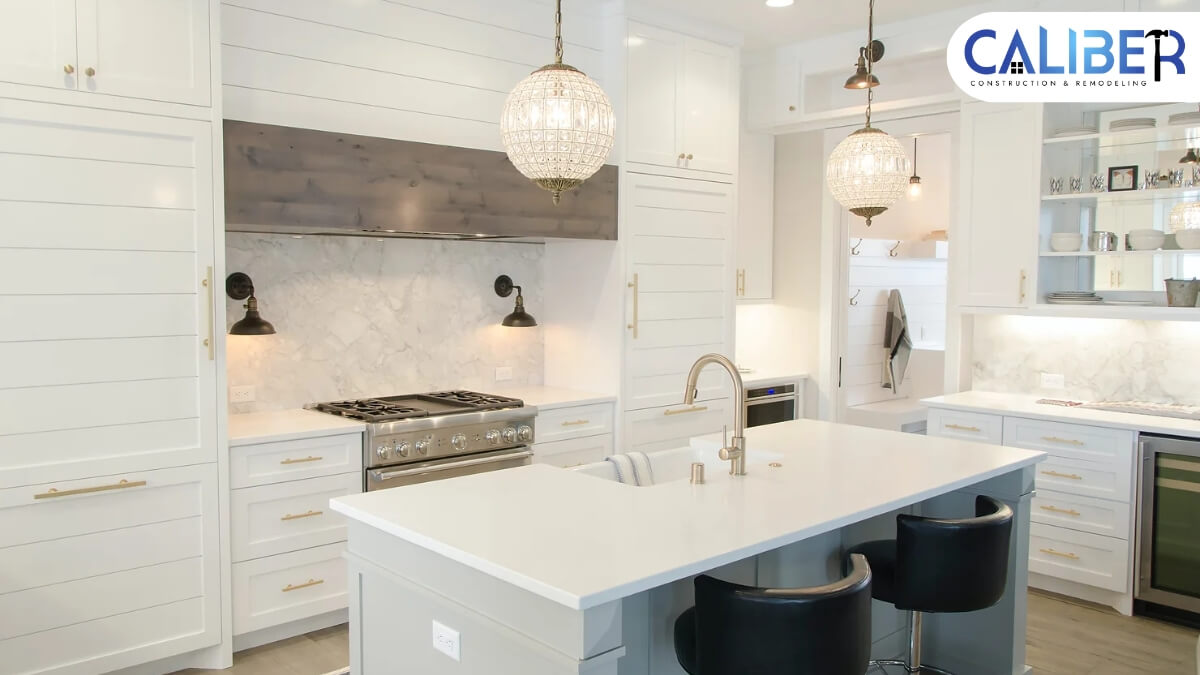 a kitchen with a center island and bar stools