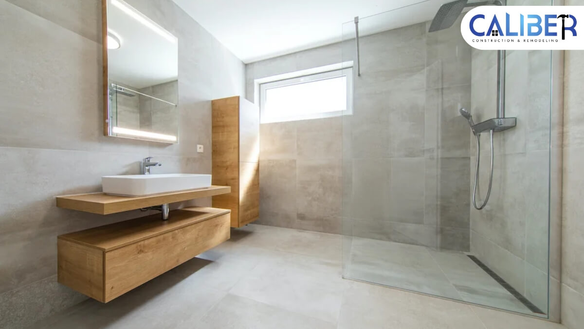 a modern bathroom with a walk in shower